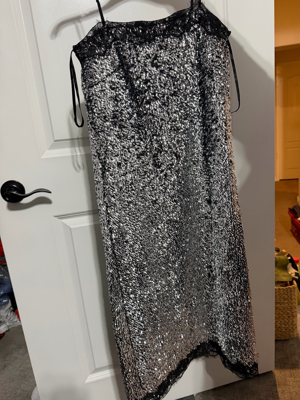 Silver Sequin Slip Dress with Lace Trim